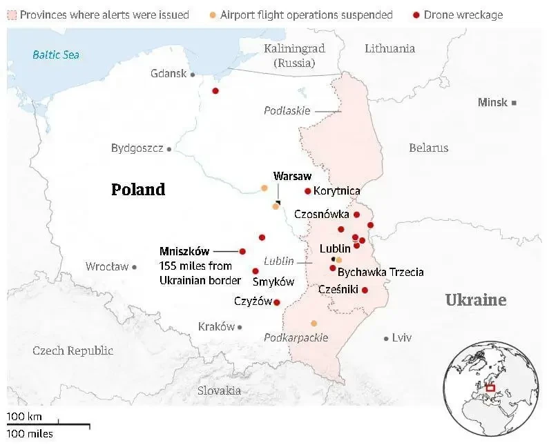 В Польше опубликовали карту с «прилётами» дронов рядом с базой ПРО Редзиково